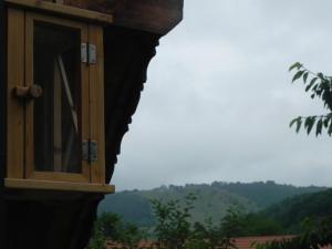 a window on the side of a house with a mountain at IEDERA Casa de Familii 2 in Pianu de Sus