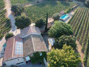 an aerial view of a house in a vineyard at Le Mas de l'Evajade in Beaumes-de-Venise