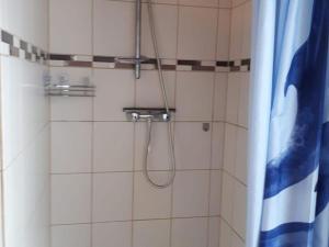 a bathroom with a shower with a shower curtain at Ferienhaus Sonnenhang in Scheiden
