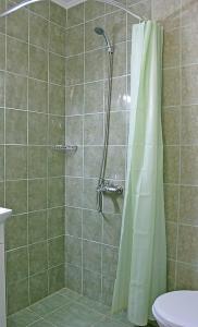 a shower with a shower curtain in a bathroom at Хотел Хисаря in Haskovo