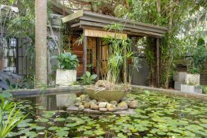 a garden with a pond with a fountain and plants at Umlilo Lodge in St Lucia