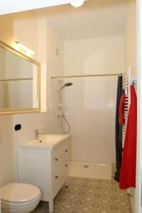 a bathroom with a sink and a toilet and a shower at 9-Personen-Fewo in Buchholz