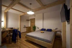 a bedroom with a bed and a desk and a television at Apartamenty Ponidzie in Busko-Zdrój