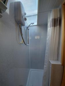 a shower with a blow dryer in a bathroom at Pretty Studio with a Private Terrace in London