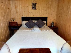 Schlafzimmer mit einem großen Bett und Holzwänden in der Unterkunft Pretty Studio with a Private Terrace in London