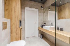 a bathroom with a sink and a toilet and a mirror at Apartament Jarzębinowy z ogródkiem in Łódź