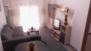 a living room with a couch and a tv at Ellada Apartment in Athens