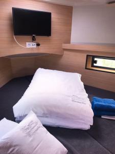 a room with white pillows and a flat screen tv at Jacht motorowy Futura 40 FLY Grand Horizon in Wilkasy