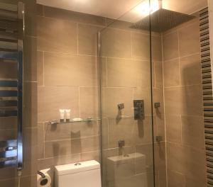 ein Bad mit einem WC und einer Glasdusche in der Unterkunft Clarence Court Hotel in Cheltenham