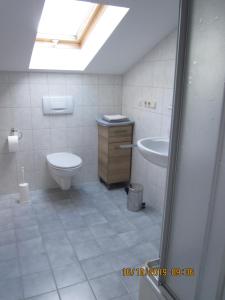 een badkamer met een toilet, een wastafel en een dakraam bij Raffaela Maderspacher in Oberammergau