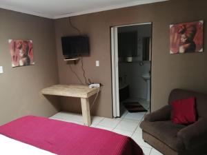 a bedroom with a bed and a couch and a television at Rosegarden guest house in Johannesburg