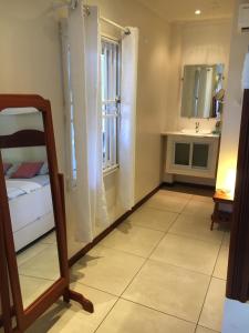 a room with a bed and a sink and a mirror at Asteria Studios in Paramaribo