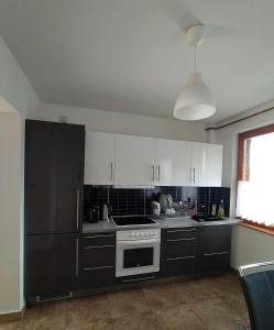 a kitchen with white cabinets and a black refrigerator at Lilla Villa in Siófok