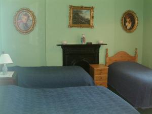 a bedroom with two beds and a fireplace at Claremont House in Dun Laoghaire