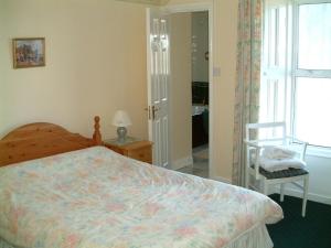 ein Schlafzimmer mit einem Bett, einem Stuhl und einem Fenster in der Unterkunft Claremont House in Dun Laoghaire