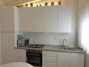biała kuchnia ze zlewem i kuchenką mikrofalową w obiekcie Cottage al mare Martina w Lido di Venezia