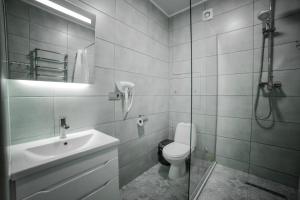 ein Bad mit einem WC, einem Waschbecken und einer Dusche in der Unterkunft Veronika in Poljana
