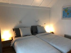 1 Schlafzimmer mit 2 Betten und 2 Leuchten an der Wand in der Unterkunft Knus appartement met zicht op zeepolder in De Haan
