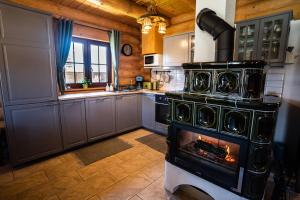 a kitchen with an oven with a fire in it at Bosorka Apartments Zrub Mara in Liptovský Trnovec