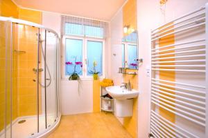 a bathroom with a sink and a shower at Villa Walir - Spa Hotel Garni SUPERIOR in Mariánské Lázně