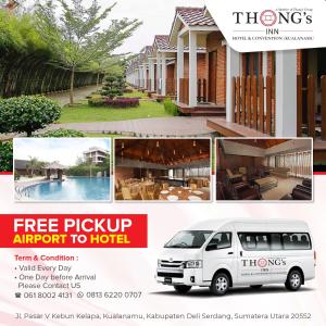 a collage of photos of a hotel and a white van at Thong's Inn Hotel Kualanamu in Medan