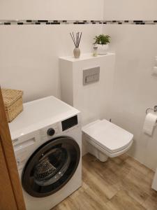 a white bathroom with a washing machine and a toilet at Apartament Cukrownia in Szczecin