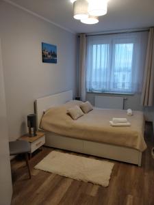una camera con un grande letto e una finestra di Apartament Cukrownia a Stettino