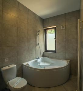 a bath tub in a bathroom with a toilet and a window at Pension Pantheon in Poiana Brasov