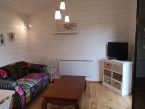 a living room with a couch and a tv at la cabane vensac ocean montalivet in Vensac