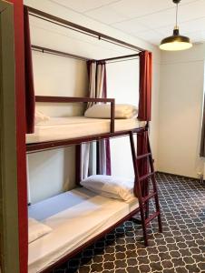 two bunk beds in a room with a ladder at Safestay Brussels in Brussels