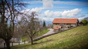 ein Haus mit rotem Dach auf einem Hügel in der Unterkunft Le Bonheur dans le Pré in Lucinges