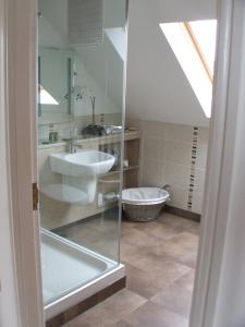 a bathroom with a glass shower and a sink at Pen Llyn Bed and Breakfast in Dinas
