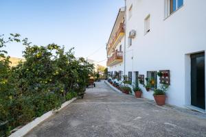 Une rue vide avec des plantes et des arbres à côté d'un bâtiment dans l'établissement Hostal Vista a la Sierra, à Valle de Abdalagís