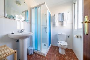 La salle de bains est pourvue de toilettes, d'un lavabo et d'une douche. dans l'établissement Hostal Vista a la Sierra, à Valle de Abdalagís