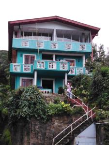 a house on a hill with a woman sitting on the stairs at Cool Mount Guest in Nuwara Eliya