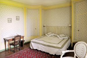 - une chambre avec un lit, une table et un bureau dans l'établissement Chateau de Bresse sur Grosne, à Bresse-sur-Grosne