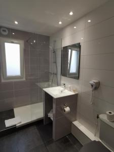 a bathroom with a sink and a shower and a mirror at Atalante in Annemasse