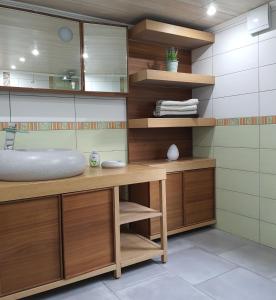 ein Badezimmer mit einem Waschbecken und einem Waschtisch mit Holzregalen in der Unterkunft Gite Ardennes in Deville