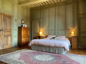 ein Schlafzimmer mit einem Bett und einem Teppich und zwei Lampen in der Unterkunft Château de Moulins in Moulins-le-Carbonnel