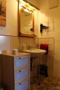 een badkamer met een wastafel en een spiegel bij Ferienwohnung Haus Nadja in Winterberg