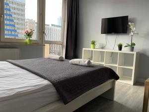 um quarto com uma cama, uma televisão e uma janela em Top Ten House Marszałkowska 8 em Varósvia