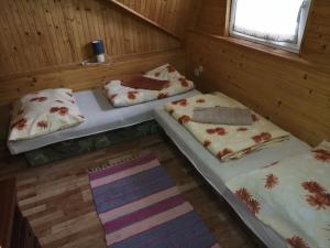two beds in a room with wooden walls at Vidiecky dom in Stará Bašta