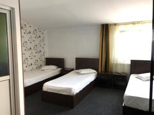 a hotel room with two beds and a window at Casa Ardeleană in Ploieşti