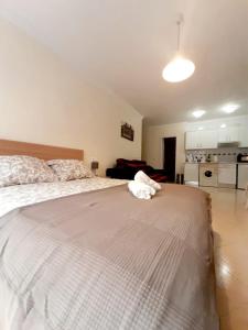 a large white bed in a room with a kitchen at Central Estudio Málaga in Málaga