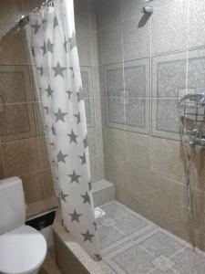 a bathroom with a shower curtain with stars on it at Rakvere studio in Narva