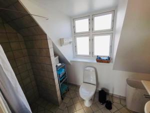 a bathroom with a toilet and a window at Hyggelig 1.sals lejlighed i Varde midtby. in Varde