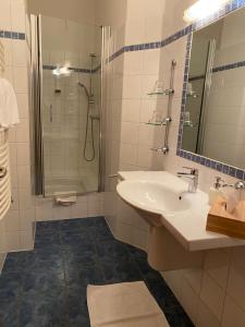 ein Bad mit einem Waschbecken und einer Dusche in der Unterkunft Königsbrunner Landgasthof in Königsbrunn