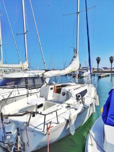 een witte boot is aangemeerd in een haven bij Voilier à quai au calme in Canet-en-Roussillon