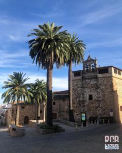 a building with palm trees and a clock tower at RCBCALEROS in Cáceres