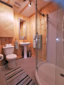 a bathroom with a shower and a toilet and a sink at WildExodus Outdoors in Timmins